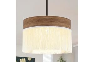 17.72” Boho Tassel Chandeliers, 1-Light Pendant Light Fixture with Retro Wood Texture Finish and Fringe Farmhouse Ceiling Han