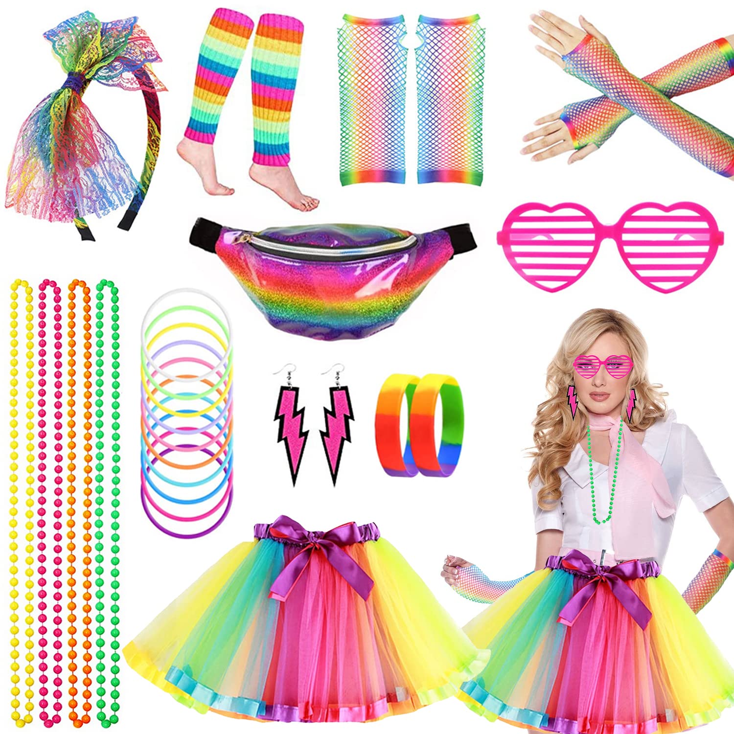 Aonuily 80s Fancy Dress for Women, 1980s Party Costume Accessories Set Tutu Skirt Leg Warmers Earrings Fishnet Gloves Glasses Bracelet Necklace Headband for 80s Party (Rainbow)