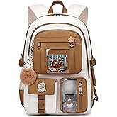 Backpack for Girls with Accessories Laptop Bookbags 16 Inch Kawaii Kids Elementary Middle High School Bag College Travel Daypack Gifts for Teens Women Students (Beige Khaki)