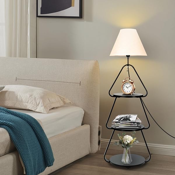 QUPUI FLOOR LAMP WITH SMALL ROUND SIDE TABLE, 3-TIER CIRCULAR END TABLE WITH STORAGE SHELF, ROUND CORNER COFFEE DESK NIGHTSTAND FOR LIVING ROOM BEDROOM SMALL SPACES, BLACK