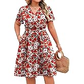 IN'VOLAND Women's Plus Size V Neck Knee Length Dress Casual Floral Dresses Summer Short Sleeve Sundress with Pockets