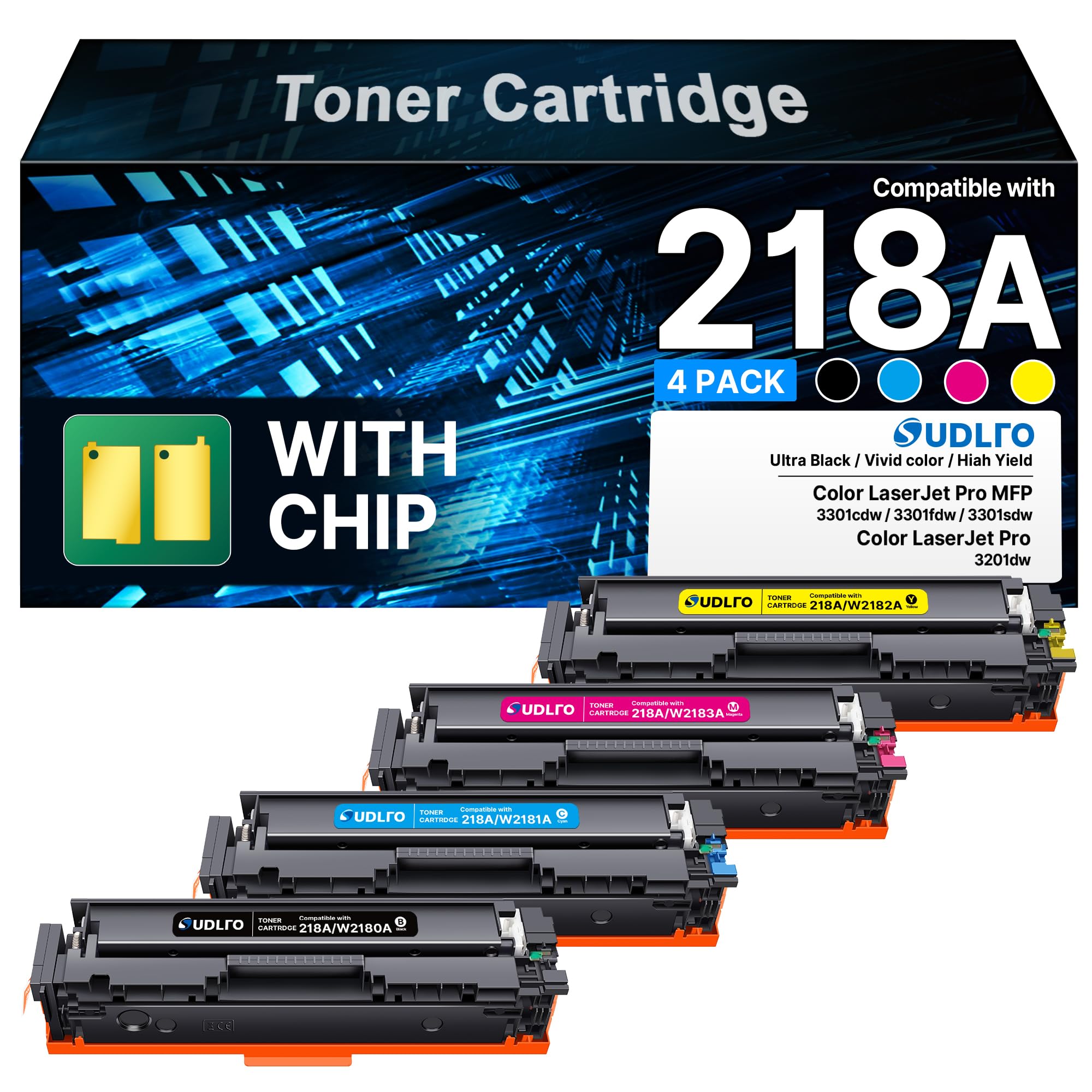 Photo 1 of Compatible HP 218A Toner Cartridges 4 Pack 3301fdw 3301 218 Toner Work for HP 218A 218X Color LaserJet Pro MFP 3301cdw 3201dw 3301sdw Printer Ink | for HP218A W2180A W2180X 218A Toner with Chip