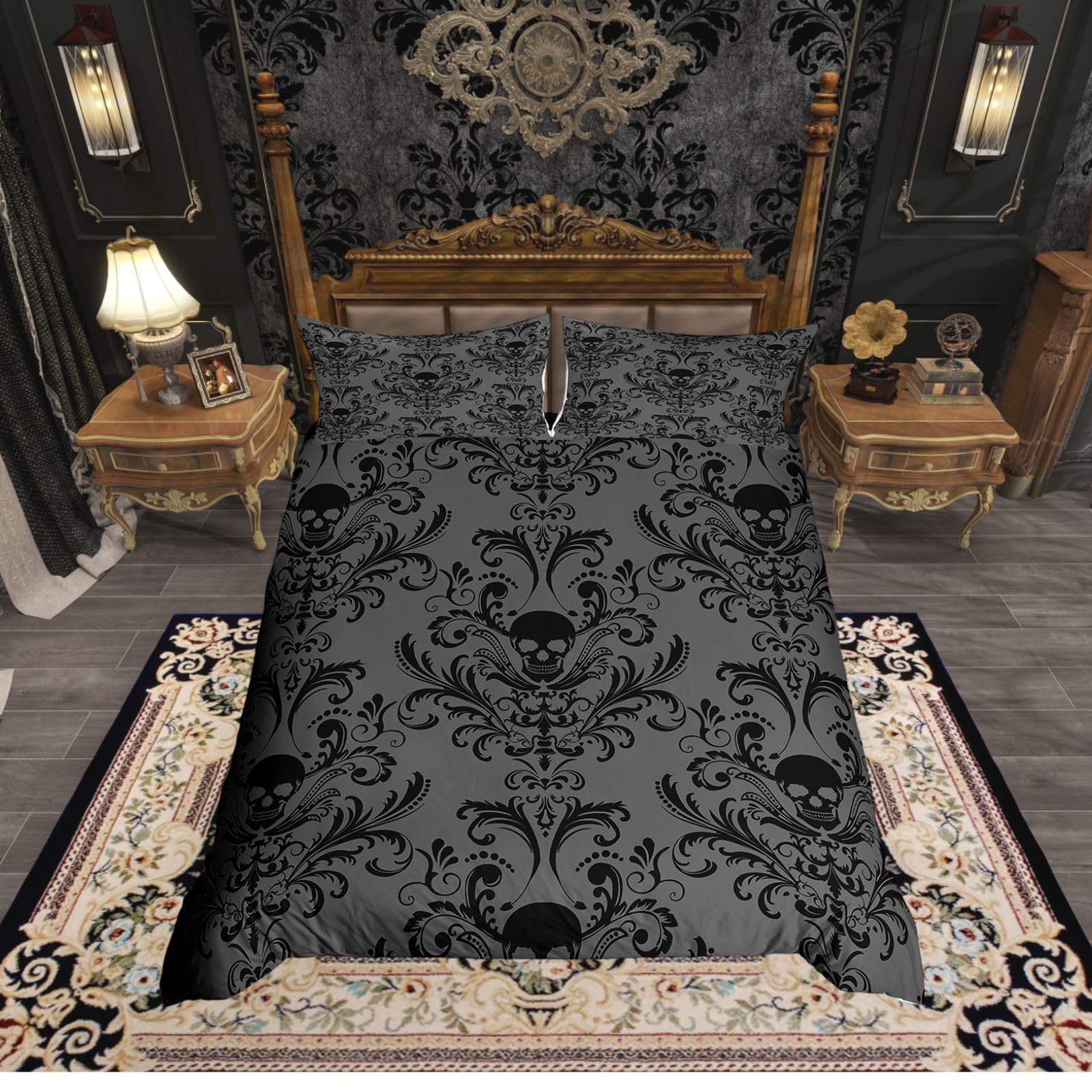 Homewish Adults Grey Black Damask Bedding Set Antique Victorian Baroque Duvet Cover King Gothic Vintage Floral Bedding Exotic Sugar Skull Quilt Cover King,Gothic Bone Skeleton Bohemian Decor,Gray — image 1