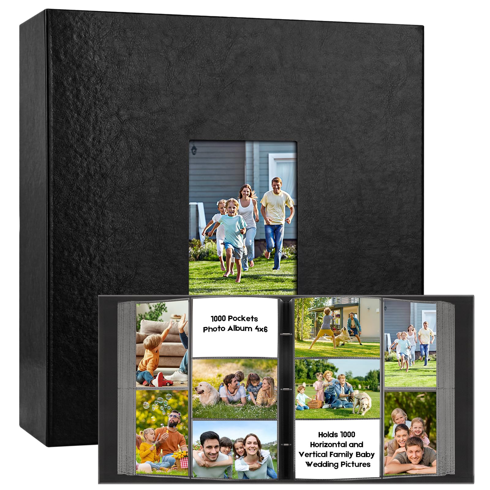 Photo 1 of 1000 Pocket Photo Album 4x6 Leather Cover, Extra Large Capacity Holds 1000 Horizontal and Vertical Photos, Acid Free Non Stick Pages with Front Window, Perfect for Wedding Family Baby Memories (Black)