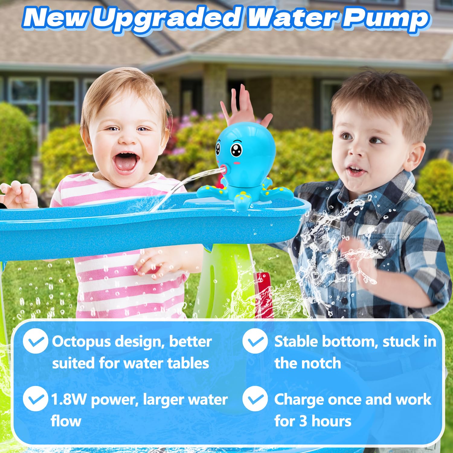 Octopus Water Table Pump, Battery Powered Water Pump for Water Table 3 Hours Non-Stop Fun Summer Outdoor Sand/Water Table Toys Outside Water Play Table Accessories for Toddlers Kids (Blue)