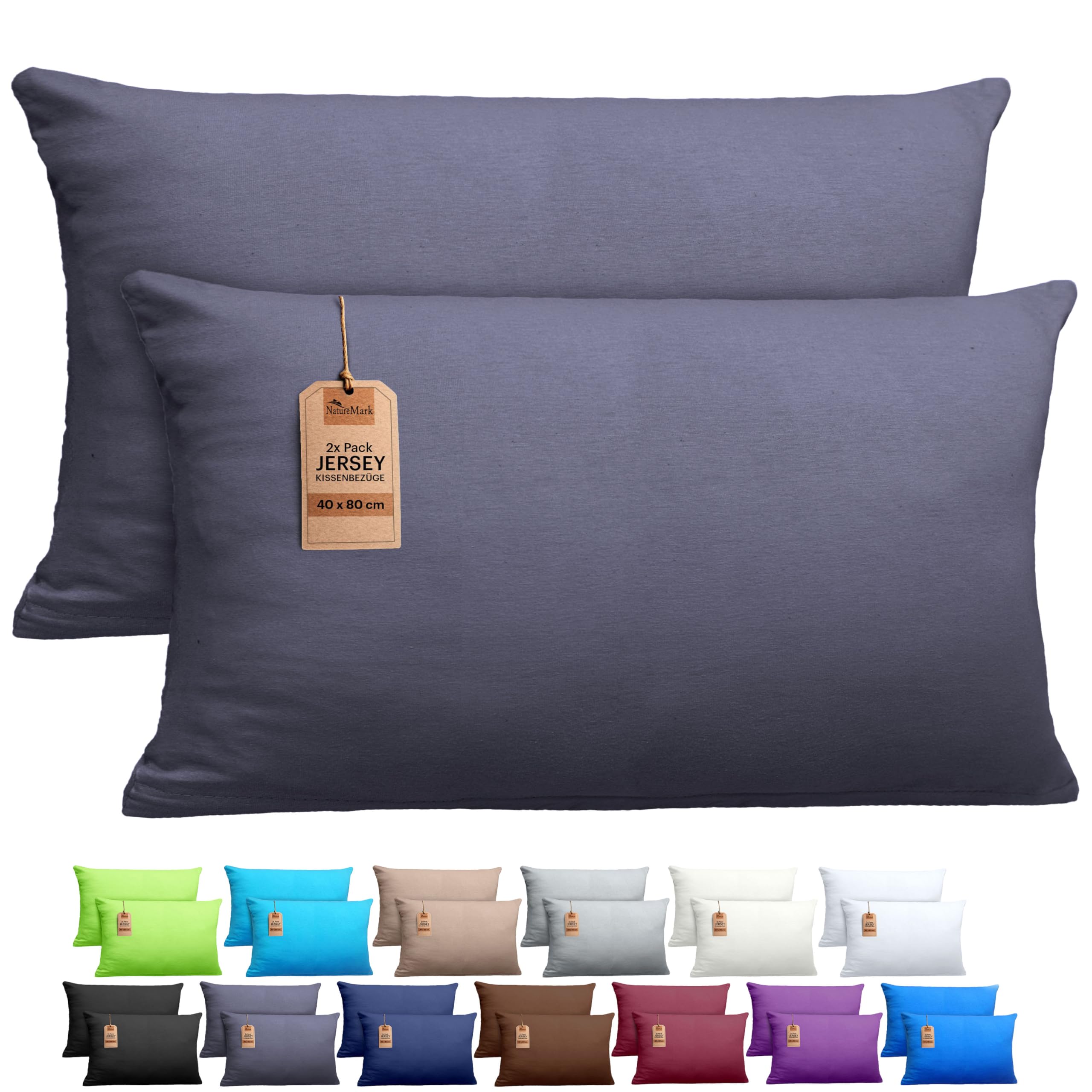 NatureMark 2 Pack Jersey Cushion Covers Pillow Cases / Cushion Covers for Body Pillows Neck Cushions Assorted Sizes and Colours Öko-Tex, 100% Cotton, Charcoal Grey, 40 x 80 cm