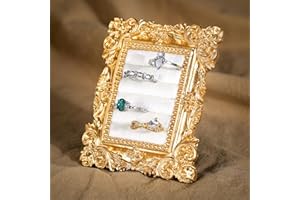 Liliaafar Vintage Ring Holder Rectangle Gold Ring Wedding Display Suede Jewelry Box Stand Frame Earring Tray Anniversary Engagement Baroque Organizer Photograph Prop for Women Birthday Christmas Gift