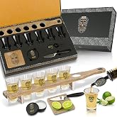 Don Paragone Calavera Tequila Shot Board Set - Fine Oak Wood Shot Glass Holder Tray with 6 Tequila Shot Glasses, Cutting Board, Lime Knife, Salt Tin, Bottle Pourer - Tequila Gifts for Tequila Lovers