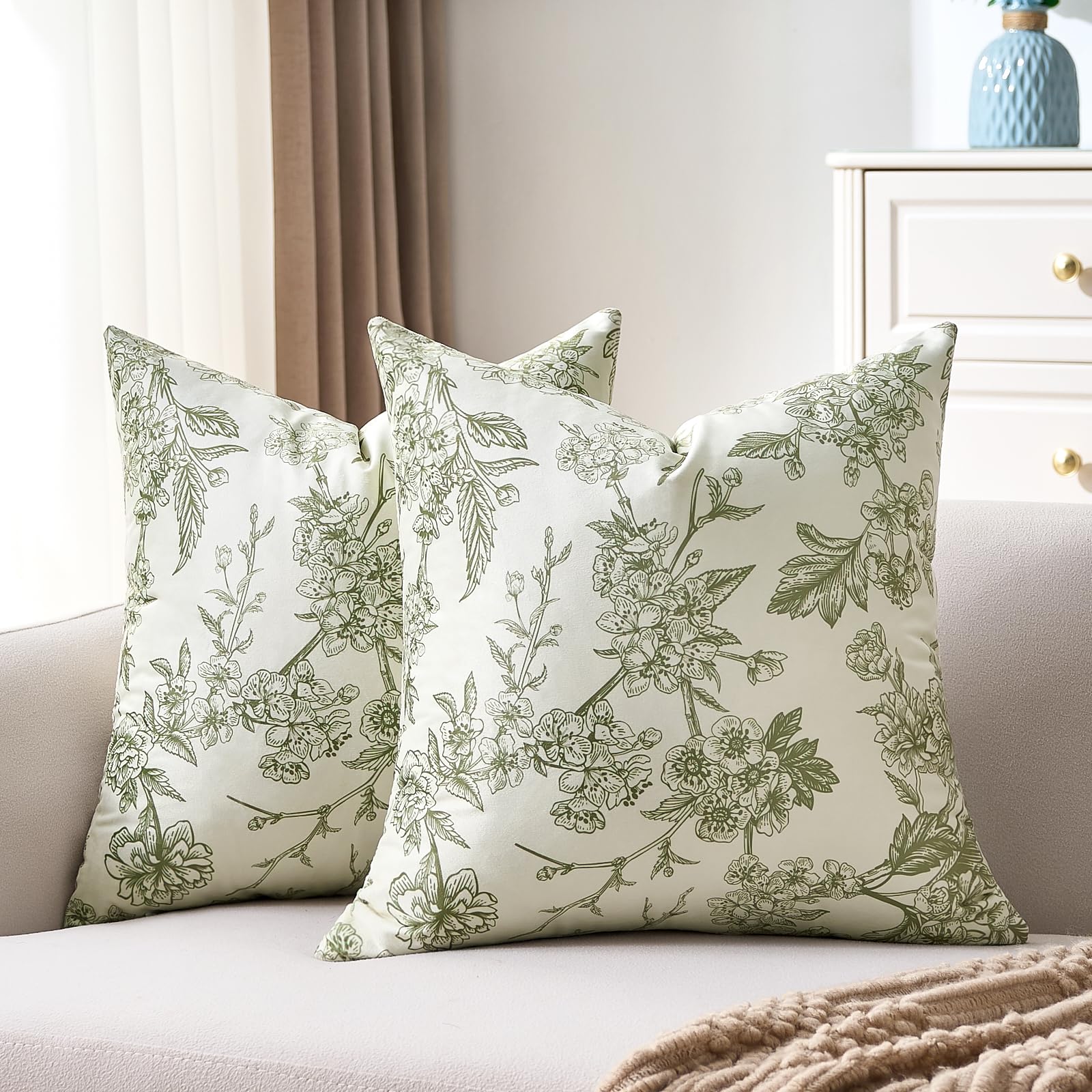 Photo 1 of KWLET Sage Green Pillow Covers 18x18 Inch Outdoor Spring Summer Velvet Floral Vintage Flower Pillowcase Rustic Farmhouse Soft Square Cushion Covers Set of 2 for Couch Bed Sofa Home Decor