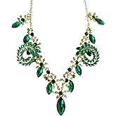 Secret for Longevity Gold Tone Antique Style Art Deco Dark Hunter Forest Green Emerald Peridot Clear Rhinestone Wedding Bridal Prom Chunky Statement Necklace