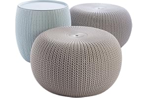Keter Urban Knit Pouf Ottoman Set of 2 with Storage Table for Patio and Room Décor - Perfect for Balcony, Deck, and Outdoor Seating, Misty Blue & Taupe