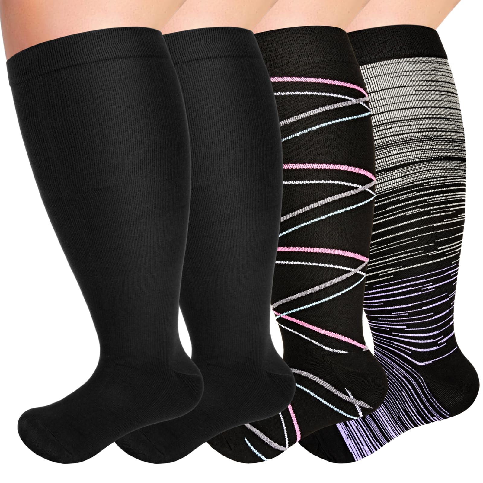 NEWIROVE 4 Pairs Plus Size Compression Socks Wide Calf Compression Socks Xxl Support Socks Women Travel Flight Socks Large Calves For Women Men Travel Fitness and Work, Style-Striped