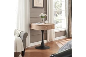 XAWXAW Oak 31.5" Round Pedestal Table with Hidden Storage | Faux Woodgrain Tabletop, 2 Sliding Doors, Black Metal Pedestal Base for Kitchen & Cafe