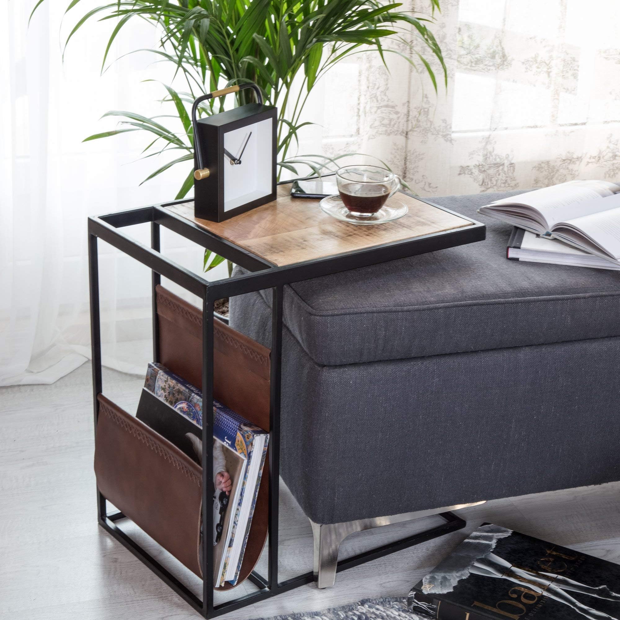 MH London Sofa Table I Handmade Metal Frame, Natural Mango Wood & Leather Pouch I Naturally Moisture Resistant, Maintenance Free I 36 cm x 51 cm x 55 cm I Avignon, Black & Brown