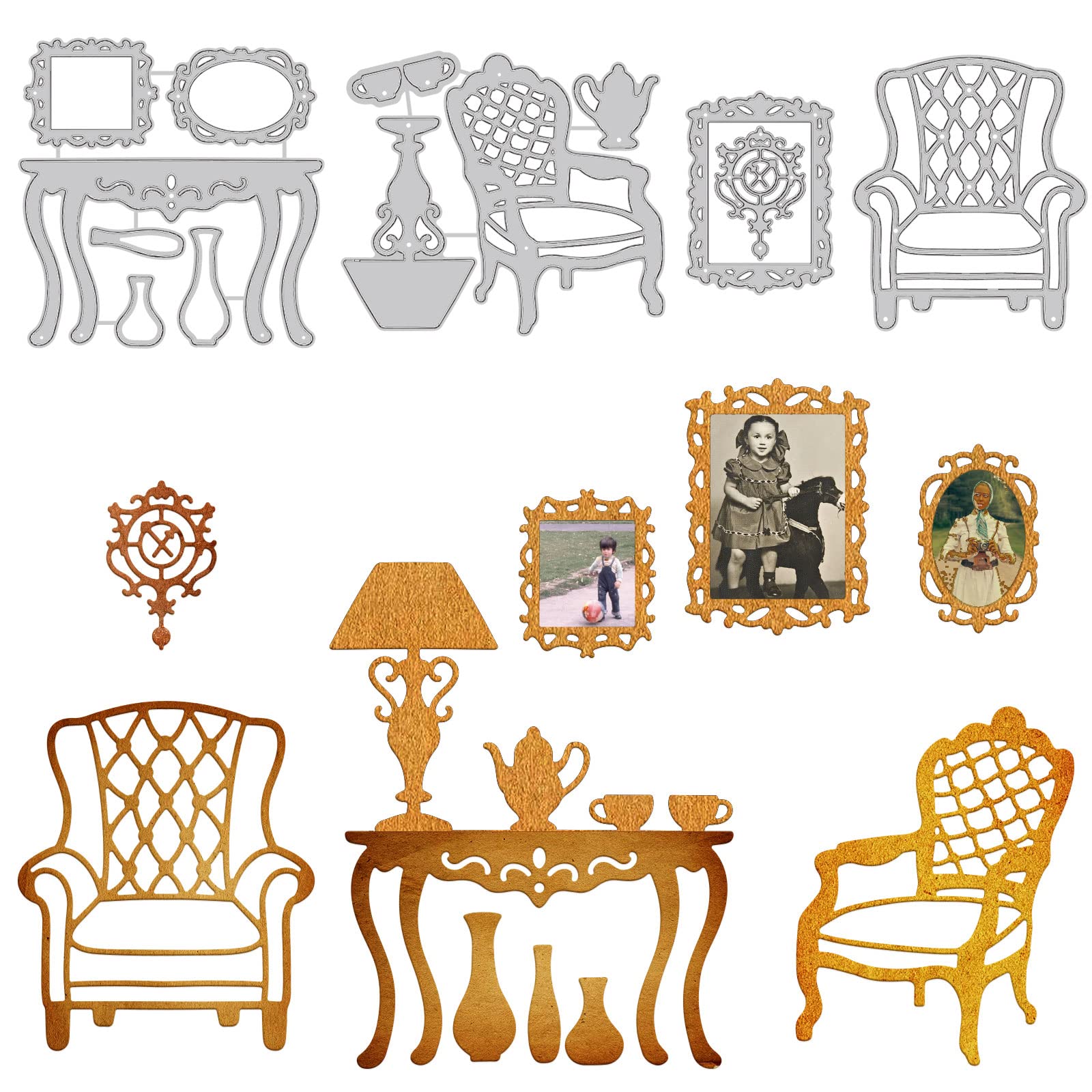 GLOBLELAND Vintage Furniture Style die Cut Metal Card Cutting Dies for Photo Frame Making, Crafts DIY Scrapbooking Art Album Decorations Chairs Tables Lamps