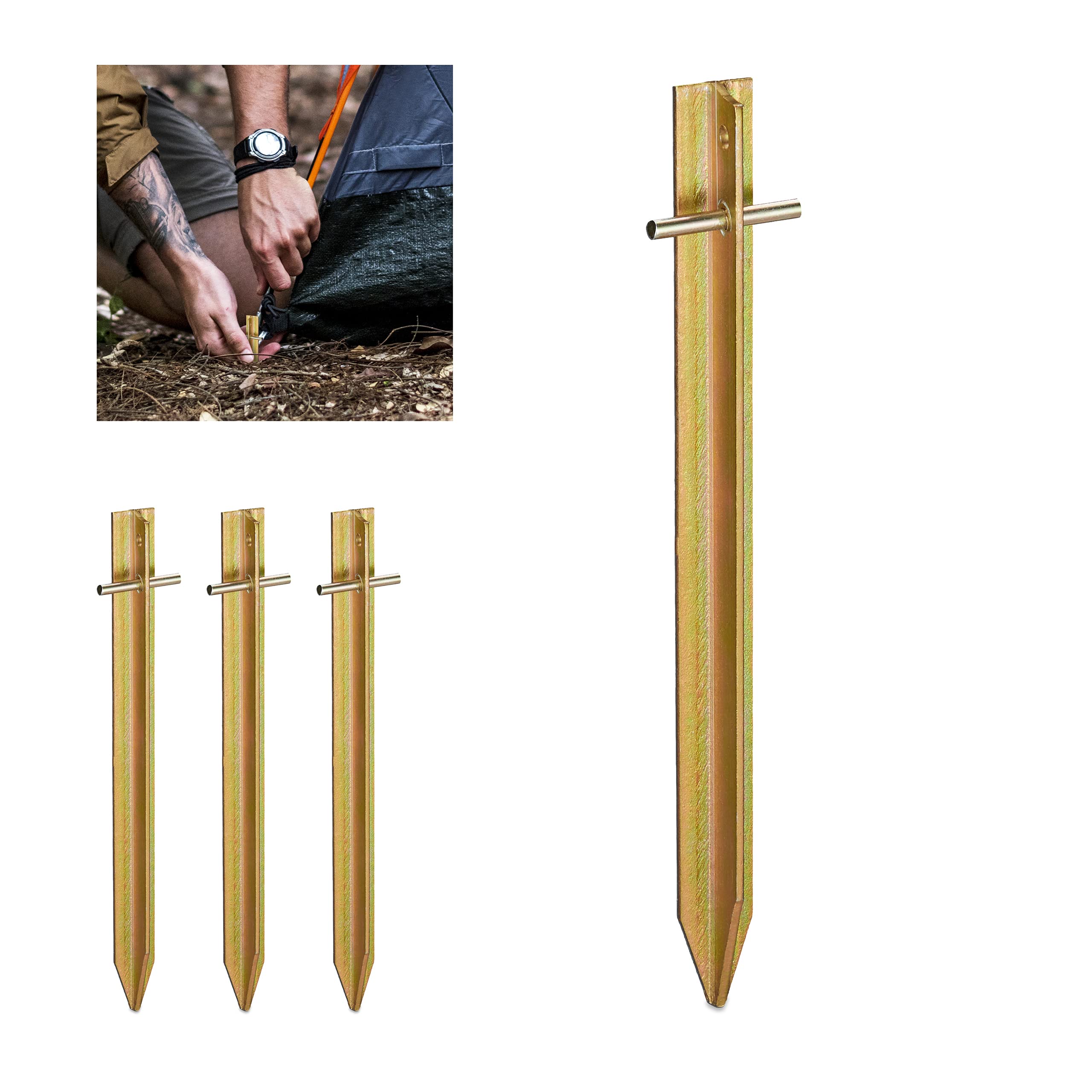 Relaxdays 4X Tent Pegs, T-Shaped, Ground Anchors, Camping Nail, Durable, Heavy Duty, Secure, Steel, 30cm Long, Gold