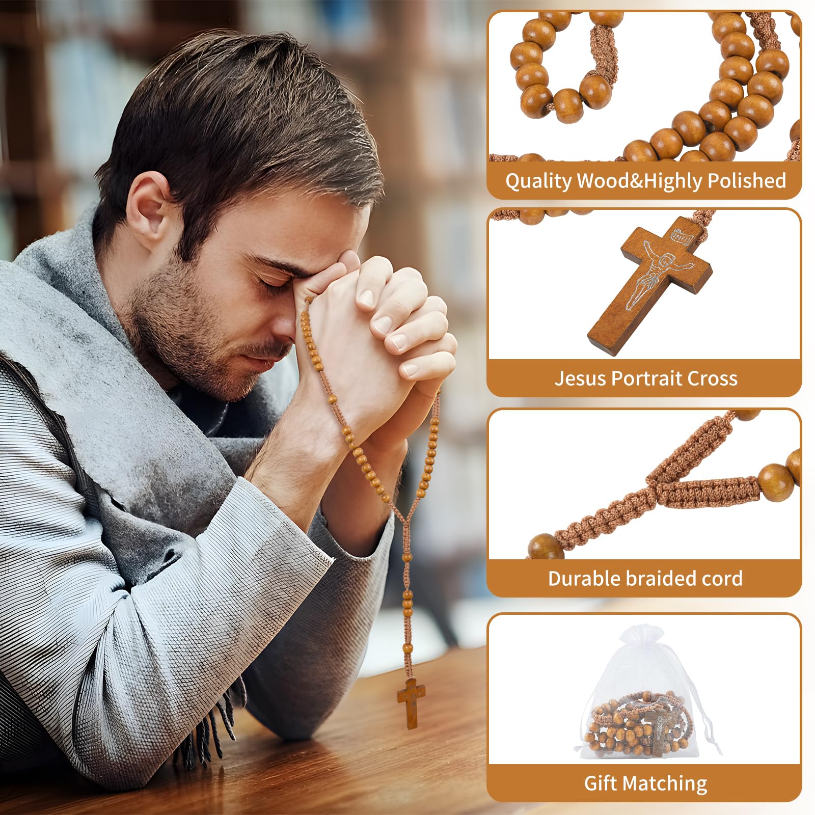 Wonitain 60 Set Wooden Rosary Beads Bulk Wood Catholic Rosaries with Jesus Holy Cross First Communion Wood Carved Rosary with Organza Bags Religious Rosary Catholic Baptism Church Present for Men Women
