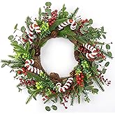 MG MagicGarden Christmas Wreaths for Front Door 20 Inches Artificial Christmas Wreath with Red Holly Berries Pine Needles Pine Cones Candy Canes for Xms Holidays