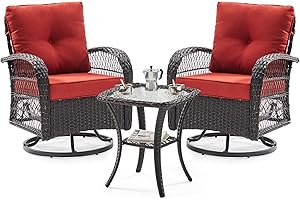 UDPATIO 3 Pieces Patio Furniture Set, Outdoor Swivel Rocker Patio Chairs Set of 2, Wicker Glider Chairs with Thick Cushions and Glass Coffee Table，for Porch Deck Backyard (Red)