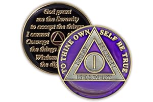 THE TOKEN SHOP 1 Year Sobriety Coin | Triplate AA Chip Recovery Anniversary Token (Purple)