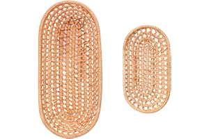 WAHEWUD Handmade Vietnamese Autumn Rattan Bread Basket Set of 2 Woven Serving Trays for Fruit Candy Food Grade No Coating Sma