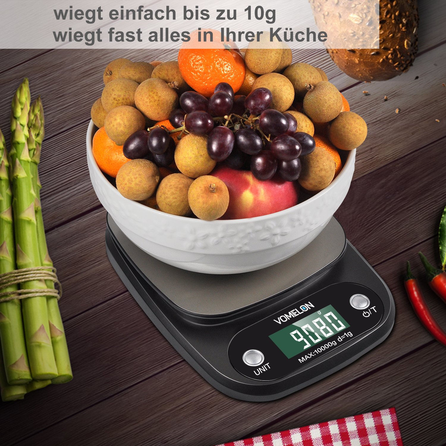 Elektronische Küchenwaage,10kg x 1g, Elektronische Waage mit Größerer Plattform Edelstahloberfläche, Tara-Funktion, Großes LCD-Display