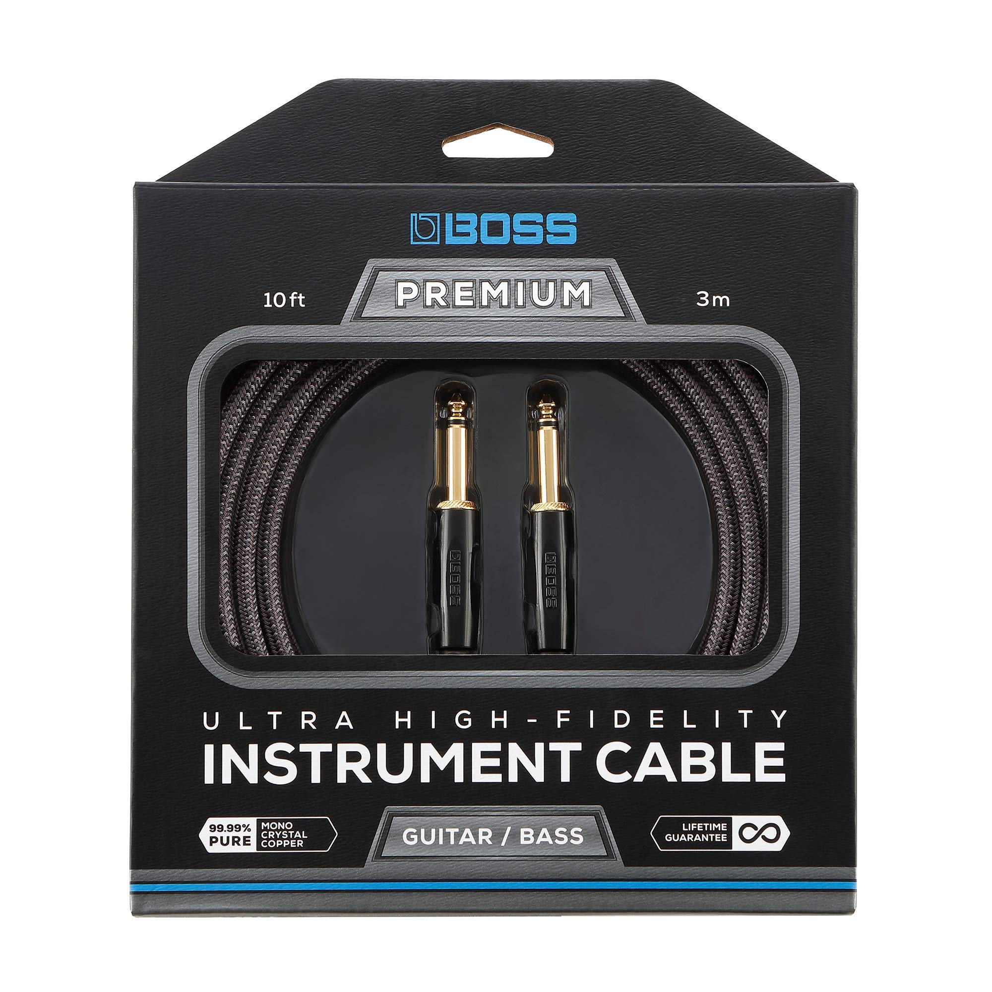 BOSS BIC-P10 Ultra High-Fidelity Instrument Cable – 10ft / 3m – Straight to Straight 1/4" 24K Gold Connectors – For Guitar and Bass giving Superior Tone, Noise Reduction and Lasting Durability