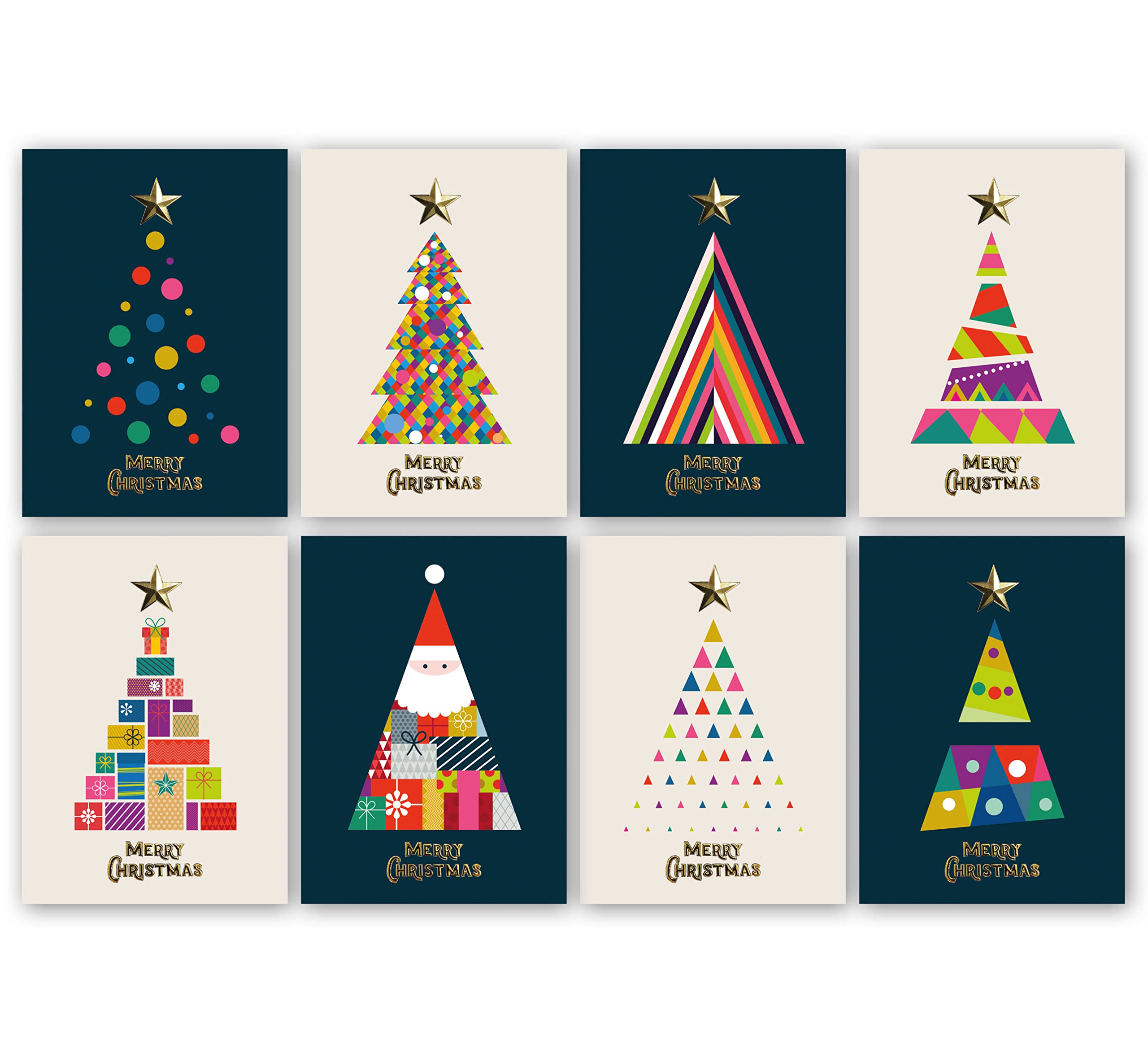 Charity Christmas Cards Pack of 32. Christmas Card Multipack with 3D Gold Foiling. 8 Different Festive Tree Designs. Ecofriendly Cards, envelopes and Box. Blank Inside. Made in UK