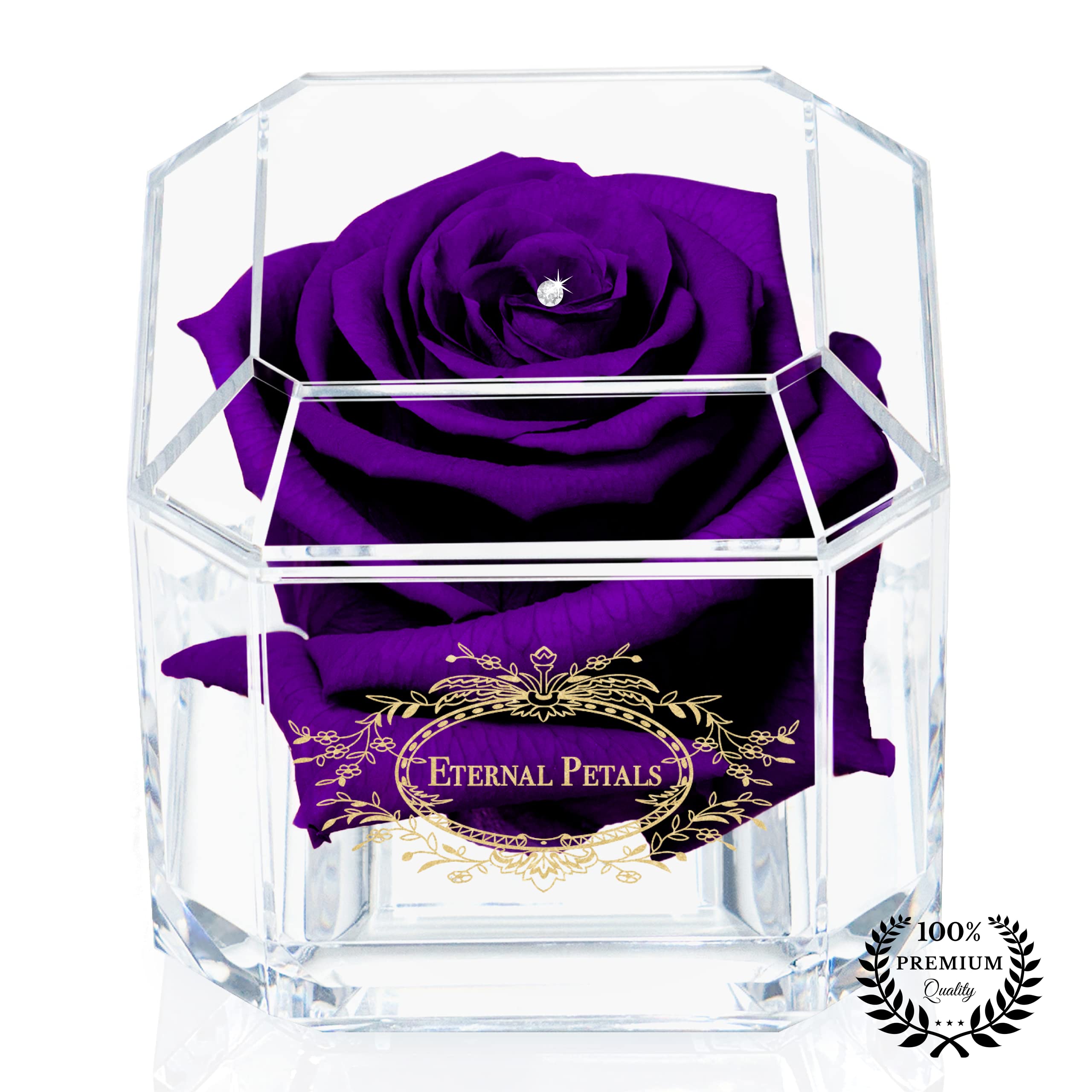 A 100% Real Rose That Lasts Years - Eternal Petals, Handmade in UK – Gold Solo with A Clear Crystal (Purple)