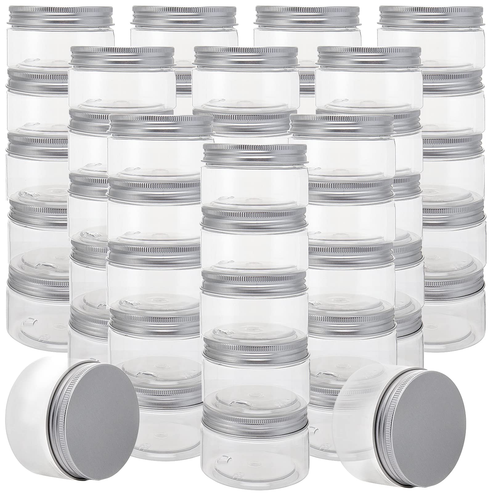 MUKLEI 50PCS 30ml Clear Plastic Jars with Silver Aluminium Lid, Mini Plastic Sample Jar, Wide Mouth Storage Containers Travel Jars for Creams, Glitter, DIY Small Arts Crafts, Spice，Nuts, candy