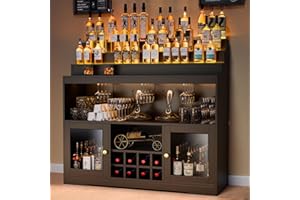 Loomie Wine Bar Cabinet with LED Lighted Liquor Bottle Display Shelf, Liquor Cabinet with Glass Holder, Coffee Bar for Liquor, Storage Buffet with Wine Racks, Wine Cabinet with Door (Black)