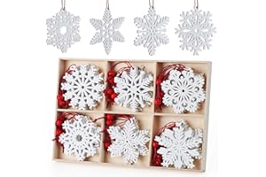 Lemonfilter 30Pcs Wooden Snowflakes Ornaments White, Christmas Wood Hanging Decorations 2.75 Inches Snowflakes Shaped Embellishments Hollowed Christmas Tree Hanging Ornaments with 30pcs Red Rope