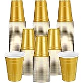 Ptwola 100 Pack 16 oz Halloween Gold Plastic Party Cups, Heavy Duty Disposable Drinking Water Cup for Wedding Birthday New Year Baby Shower Graduation Christmas Festival Picnics Barbecues Supplies
