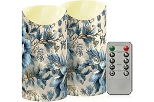 YMXFXP Flowers Blue White 5.9”x3” Flameless LED Candles with Remote - Set of 2, Battery-Operated Flickering Pillar Candles wi