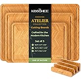 Keechee Atelier Collection Bamboo Cutting Board Set of 3, Reversible Wood Chopping Boards for Kitchen with Juice Grooves, Handcrafted Large Serving Tray, Luxury Housewarming Wedding Gifts for New Home
