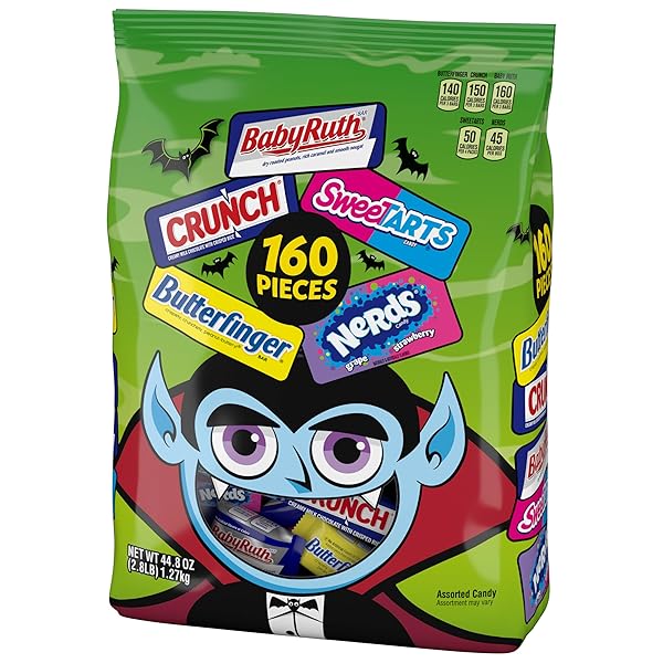 BUTTERFINGER, CRUNCH, BABY RUTH, NERDS, SWEETARTS, 160 COUNT, CANDY VARIETY PACK, INDIVIDUALLY WRAPPED ASSORTED MINI SIZE HALLOWEEN CANDY, 44.8 OZ BAG
