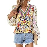 SHEWIN Women's Blouses Casual V Neck Long Sleeve Floral Print Chiffon Crochet Trim Tops Shirts