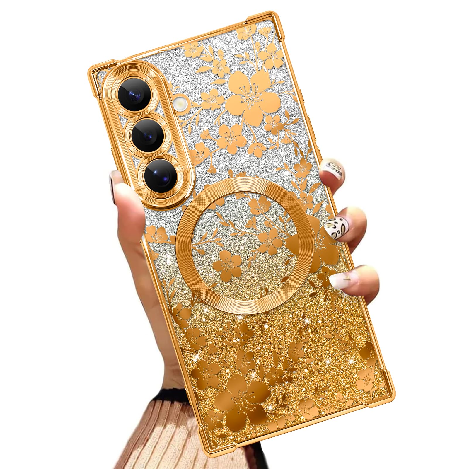 Illians Magnetic Case Made for Samsung Galaxy S26 6.3 Inch Glitter Phone Case with Gold Floral Cherry Blossom Design Soft TPU Reinforced Corners Shockproof Bling Phone Cover for Women