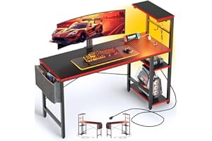 Bestier Gaming Desk with Power Outlets, 44 Inch Led Gamer Desk with 4 Tiers Reversible Shelves, PC Gaming Table with Headset Hook & Side Storage Bag for Bedroom (Black 3D Carbon Fiber)