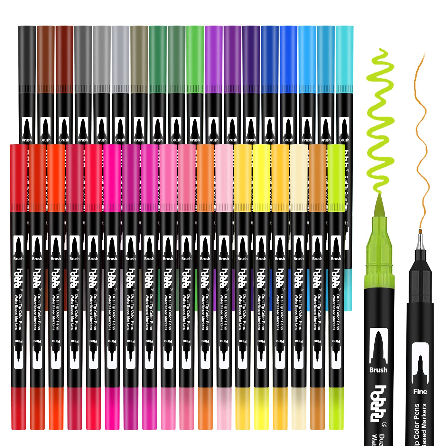 hhhouu 36 Colors Dual Tip Brush Pens Highlighter Art Markers Fine Liners & Brush Tip Watercolor Pen Set for Adult and Kids Coloring Books Bullet Journal, Calligraphy, Hand Lettering HO-36B