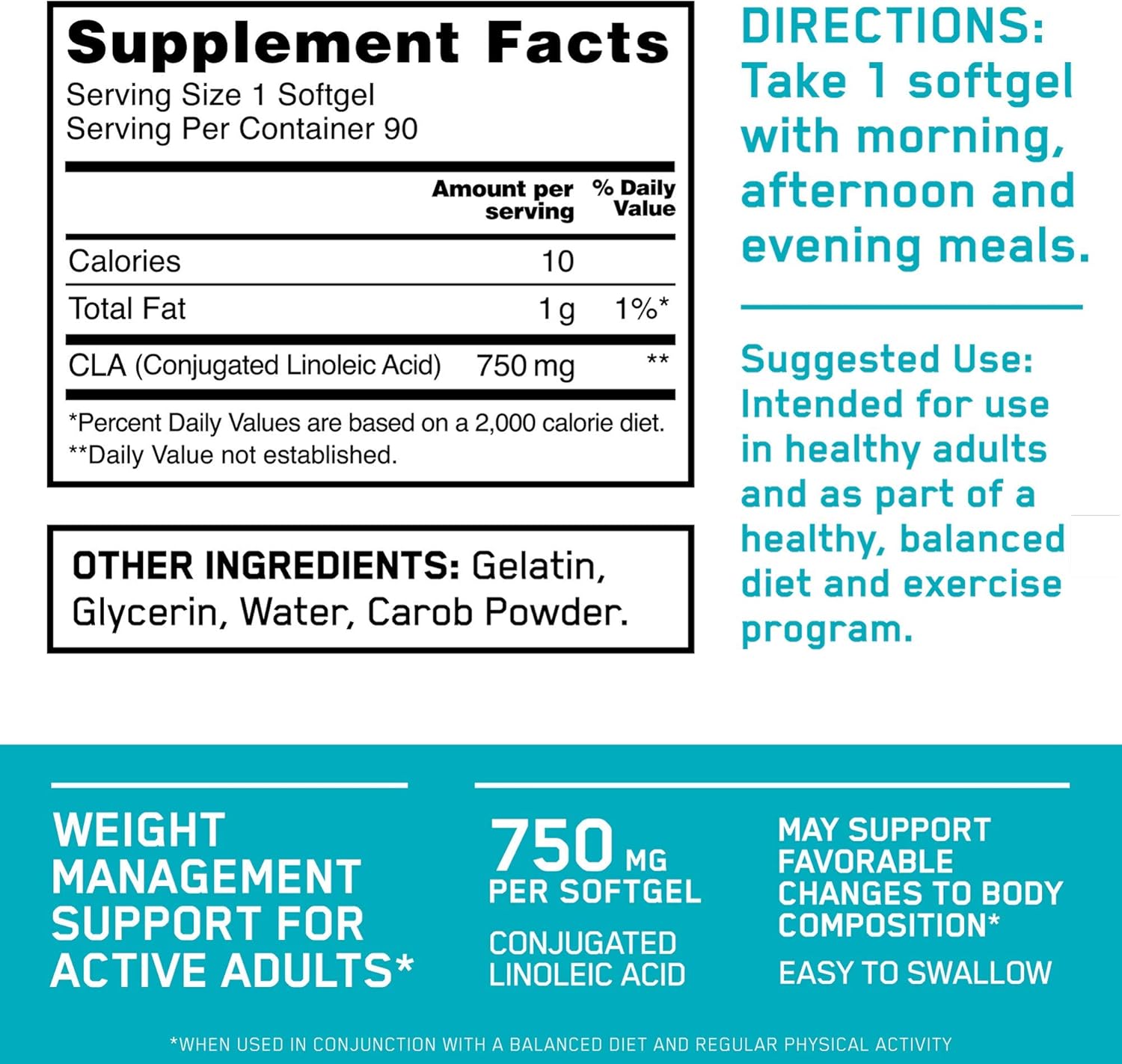 Optimum Nutrition CLA 750mg, Weight Management Support, 90 Softgels (Packaging May Vary): Health & Personal Care