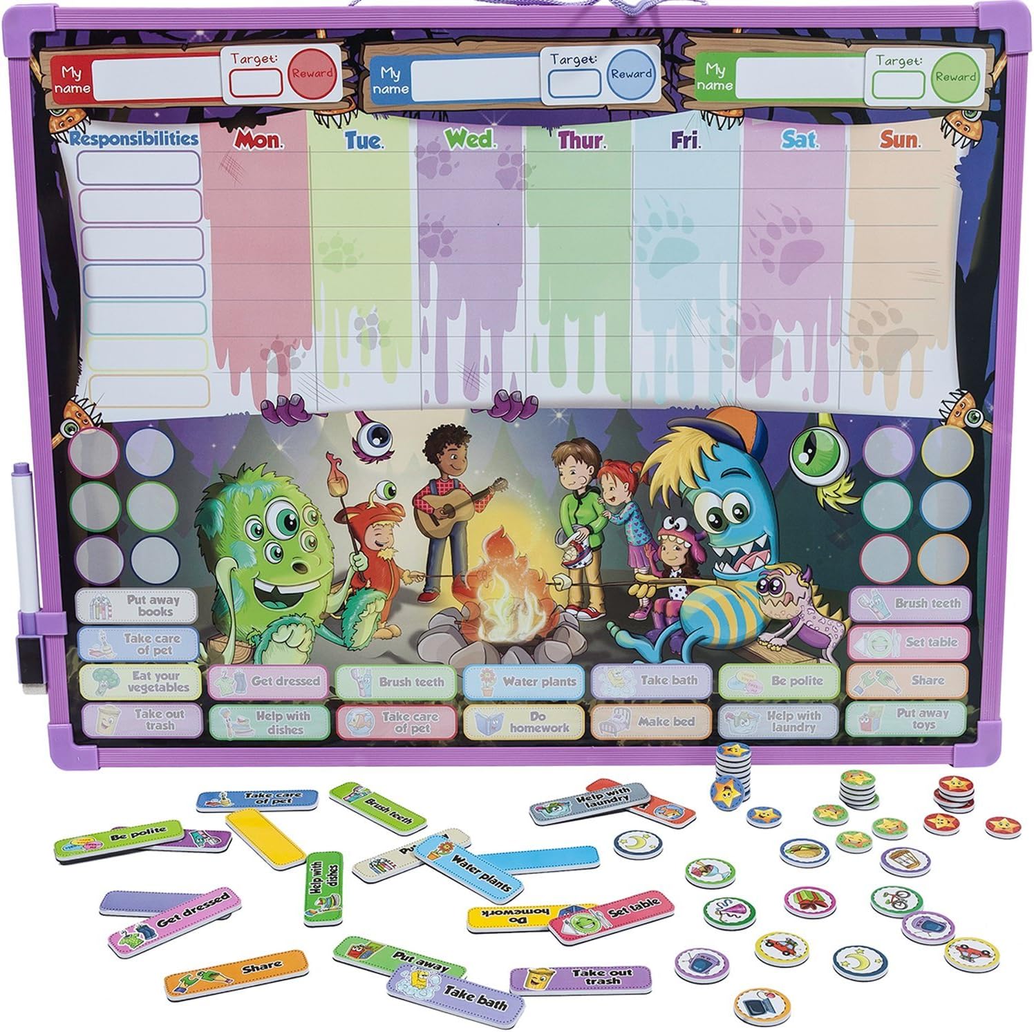 Monsters Reward & Responsibility Chore Chart | Multiple Children | Magnetic Dry Erase Board | Improved Behavior | Star Incentive by Kid Rockett (Monsters | Multiple)