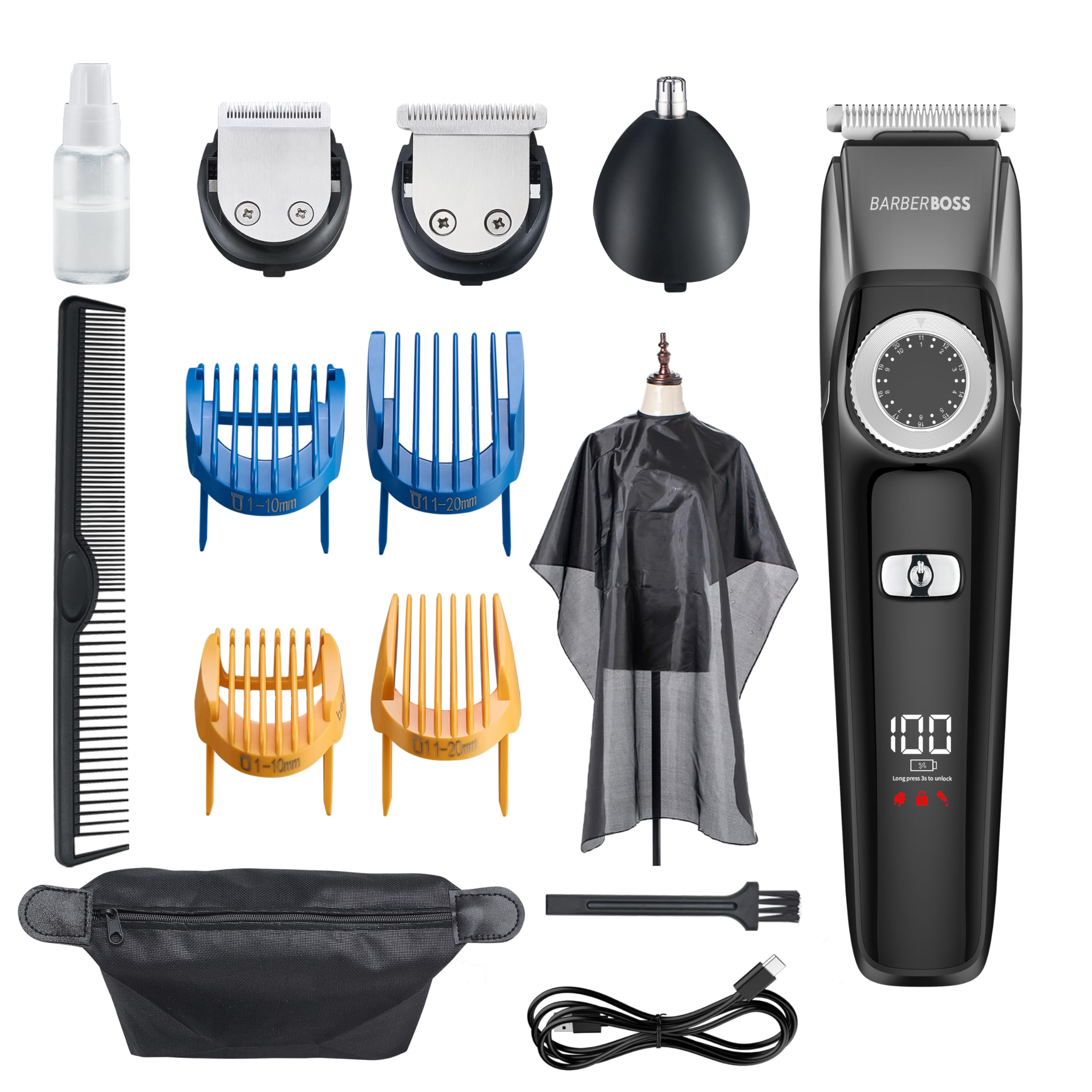 Barberboss Men's Beard Trimmer, Cordless Hair Clippers Men: Trimmer for Men, Men's Grooming Kit, Waterproof, Nose and Ear Clipper, QR-6051