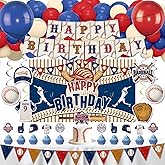 Baseball Birthday Decorations,Baseball Happy Birthday Banner Backdrop,Balloons,Cupcake,Cake Toppers,Hanging Swirls for Boys Girls Kids Men Women Vintage Sport Theme Party Supplies Decor