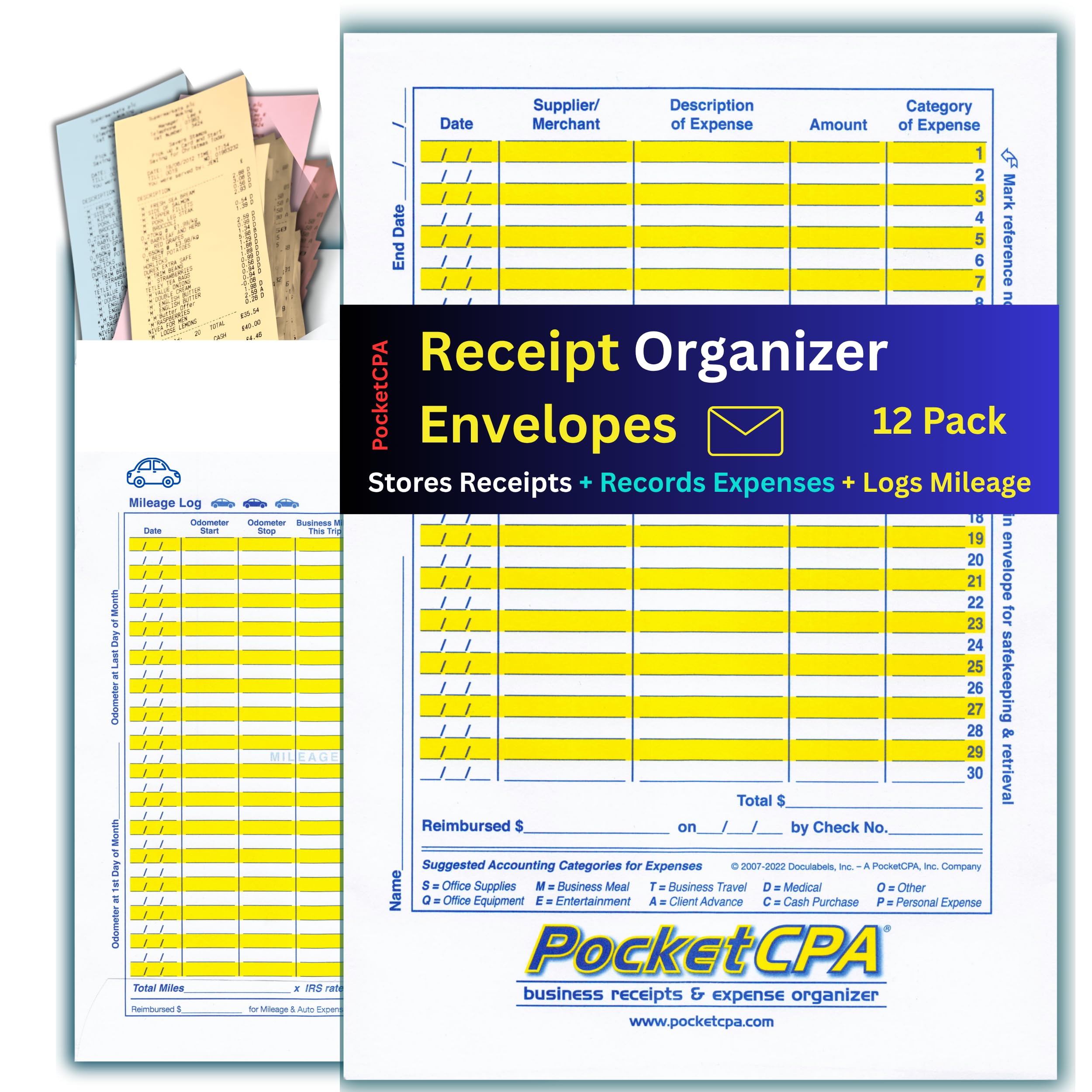 PocketCPA Receipts Organizer & Expense Envelopes (12 Pack) - Store Receipts, Record Expenses & Log Mileage. With a Business Expense Ledger + Receipt Tracking. The easy way to keep & organize receipts.