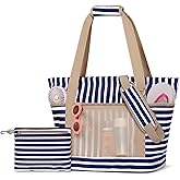 Fasrom Beach Bag for Women with Zipper, Waterproof Beach Tote with Wet Dry Compartment and Small Pouch for Pool, Swim, Travel