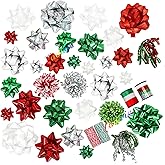 37 Pcs Gift Bows Assortment for Gift Wrapping - 7 Rolls Curling Ribbons 28 Christmas Bows 3 Tinsel Bows and 2 Curly Bows 2 Rolls of Cotton Thread for Present Wrapping Decoration(Red & Green Set)