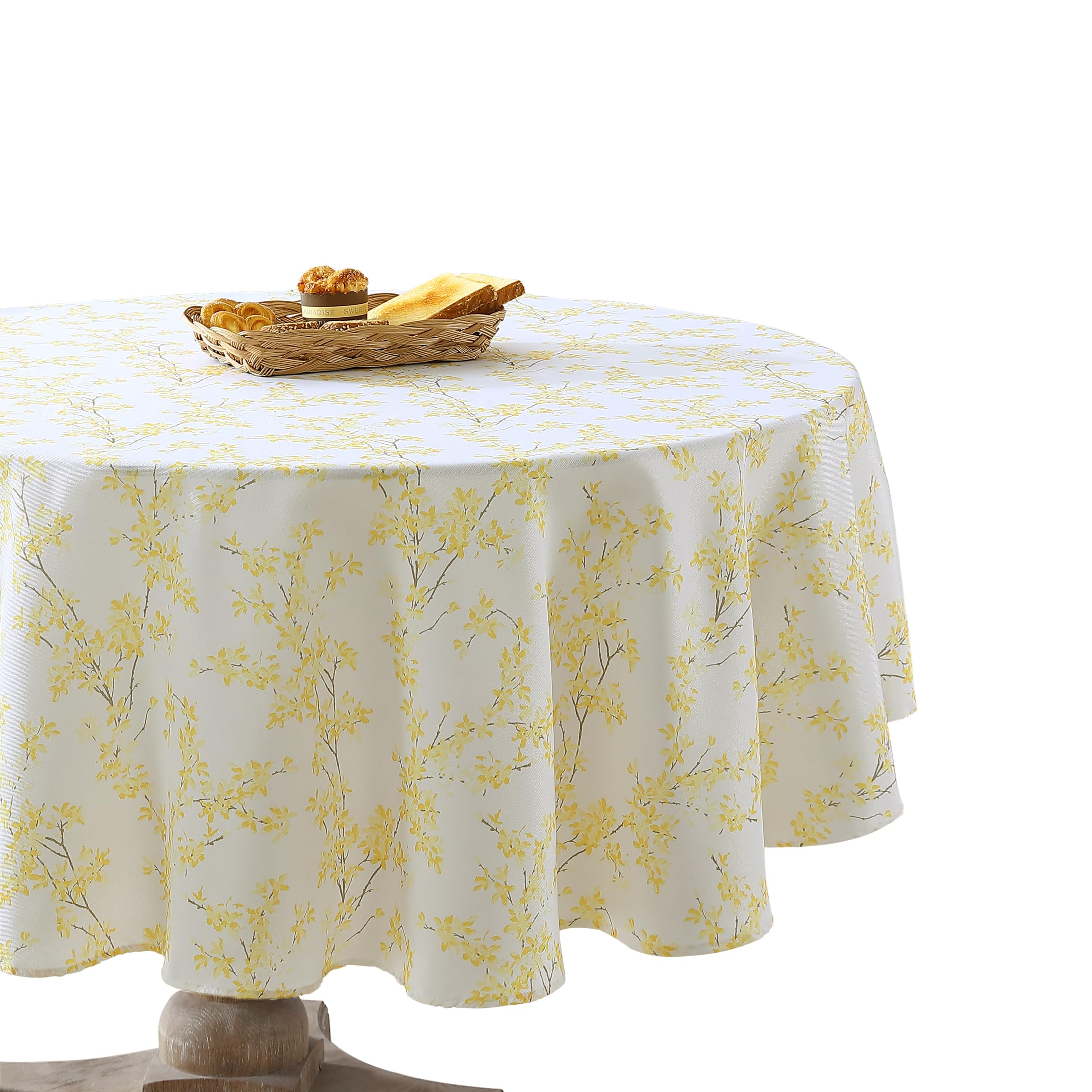 Laura Ashley Decorative Tablecloth, Wrinkle and Stain Resistant, Spillproof Water Repellent, Easy Care Washable Polyester Fabric for Dining, Kitchen, Holiday and Party, 70″ Round, Forsythia