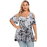 LARACE Plus Size Tunic Tops For Women V neck Short Sleeve T-shirt Cold Shoulder Loose Summer Tops Blouse