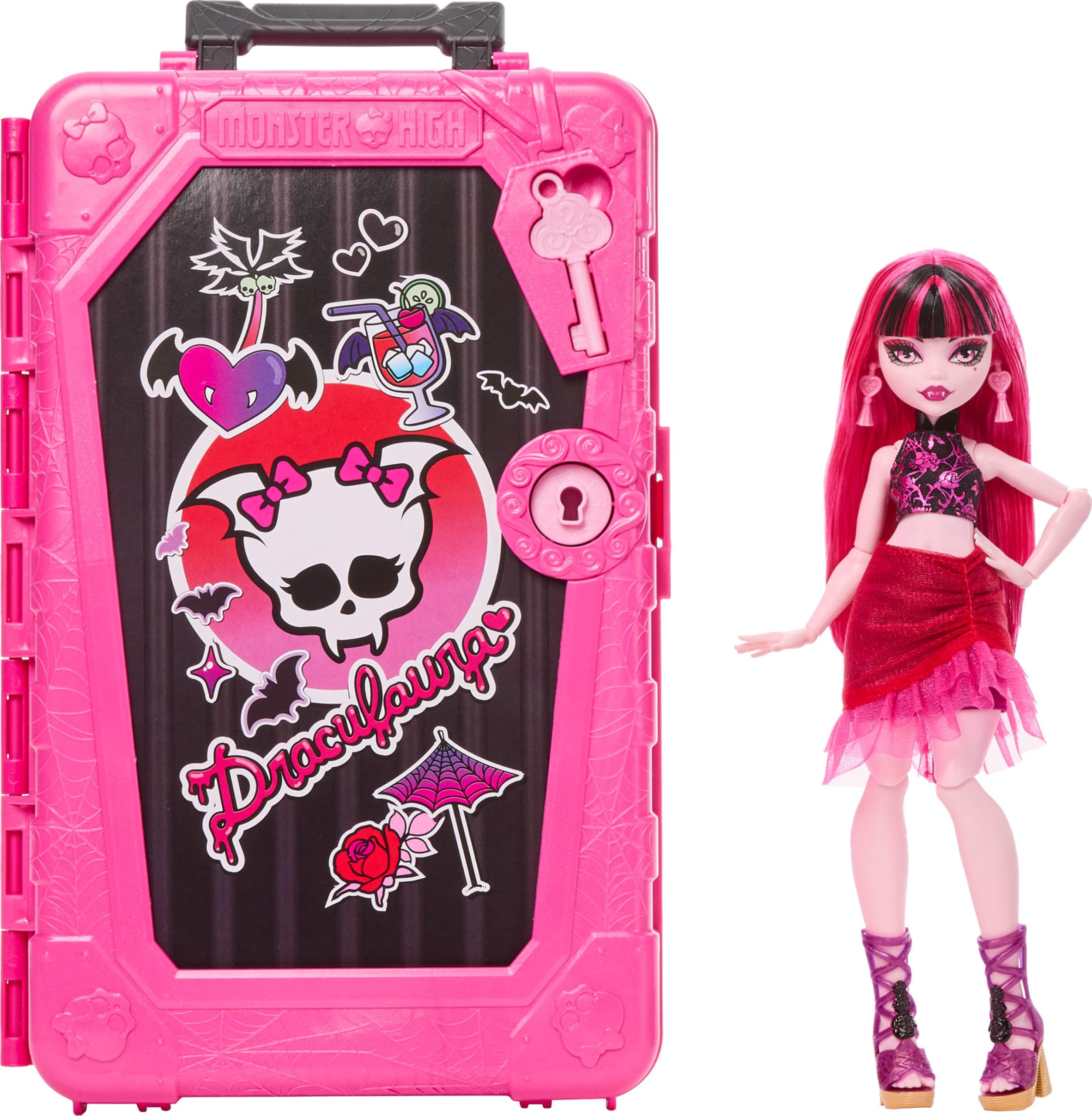 Monster High Skulltimate Secrets Draculaura Doll and Accessories Set, Destination: Gore-geous Oasis with Suitcase and 19+ Surprises Like Clothes